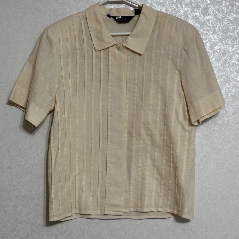 Attache by Herman Geist Pintuck Short Sleeve Blouse Linen Ramie Beige Vintage M